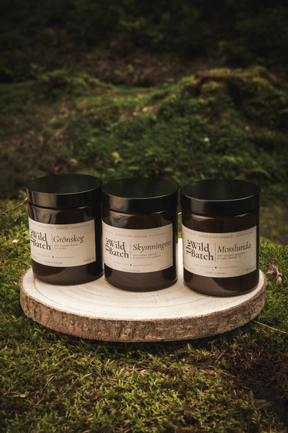 Stämningsfull skogsmiljo med trio av The Wild Batch doftljus Grönskog, Skymningsro och Mosslunda